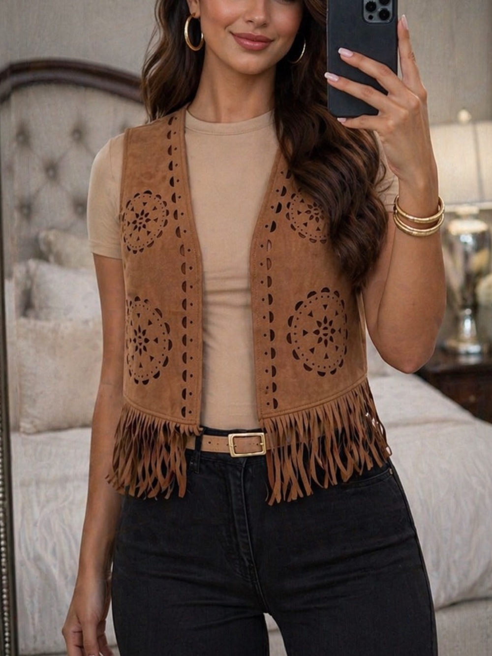 Boho Suede Fringe Laser-Cut Vest - Brown